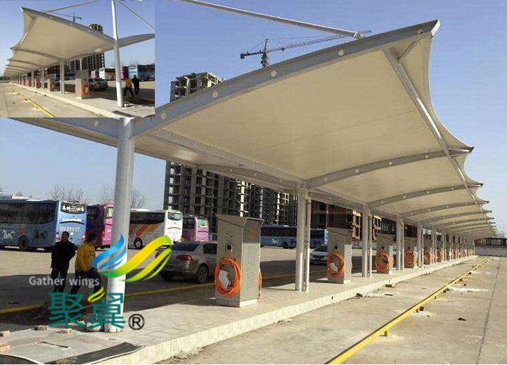 膜結構車棚藝術展示|膜結構停車棚膜布安裝